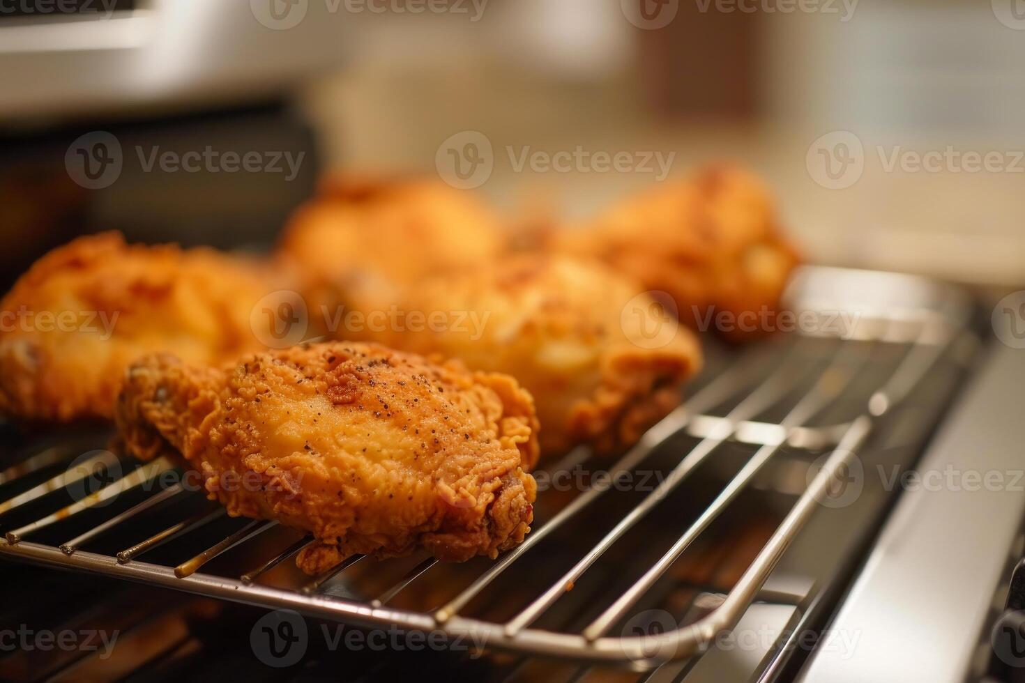 Golden fried chicken on oven rack photo