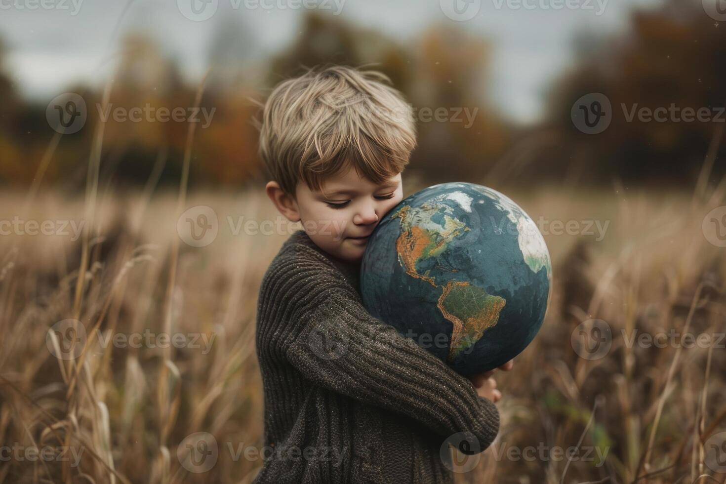 Young boy hugging earth globe in autumn field photo