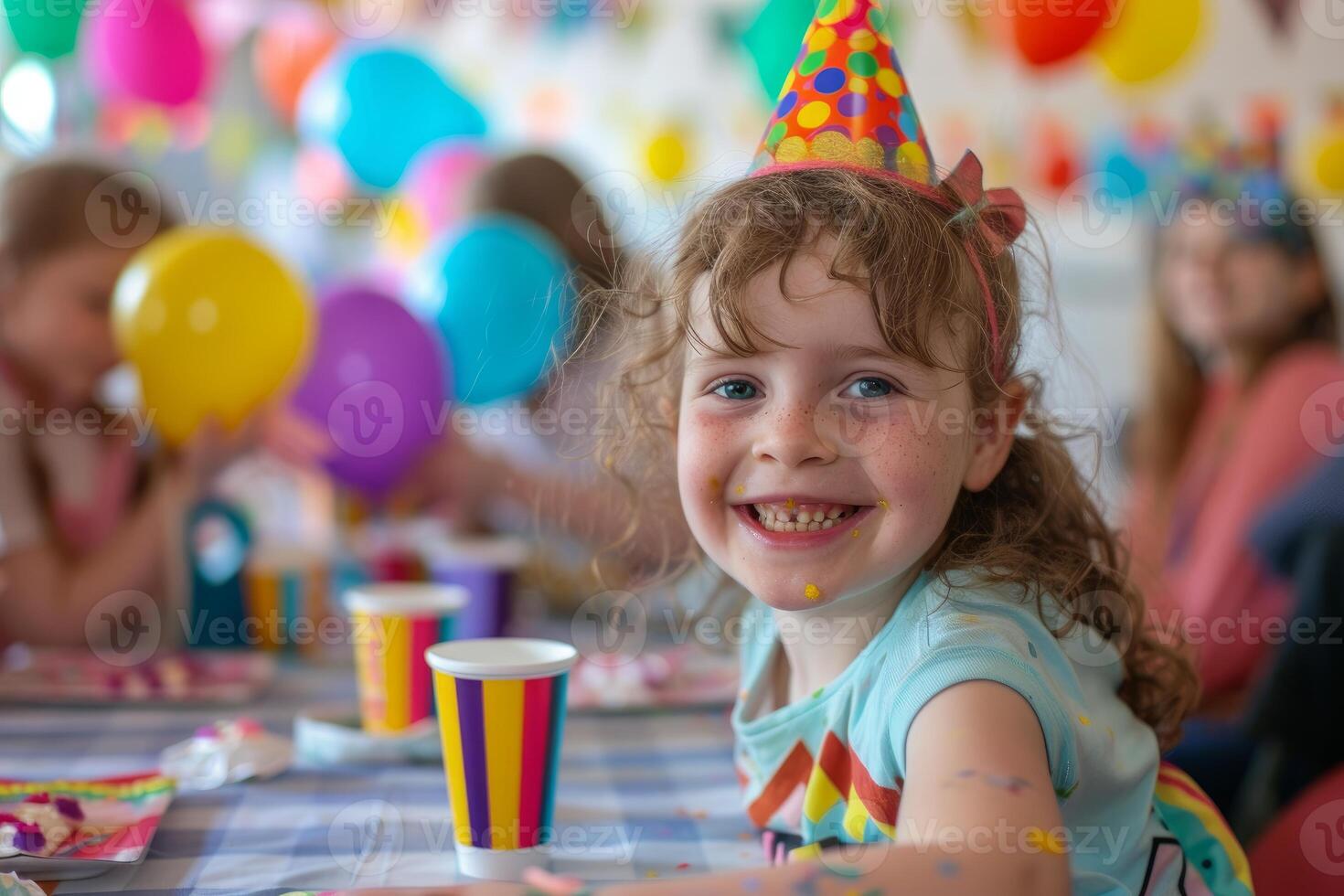 Joyful child at birthday party celebration photo
