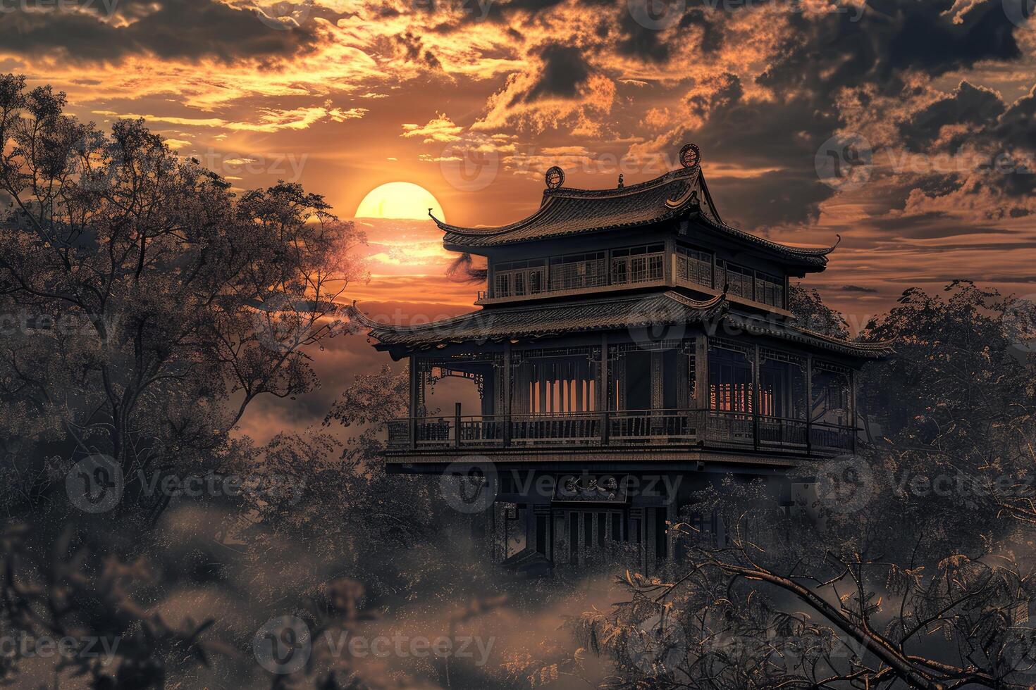 Mystical asian pagoda at sunset photo