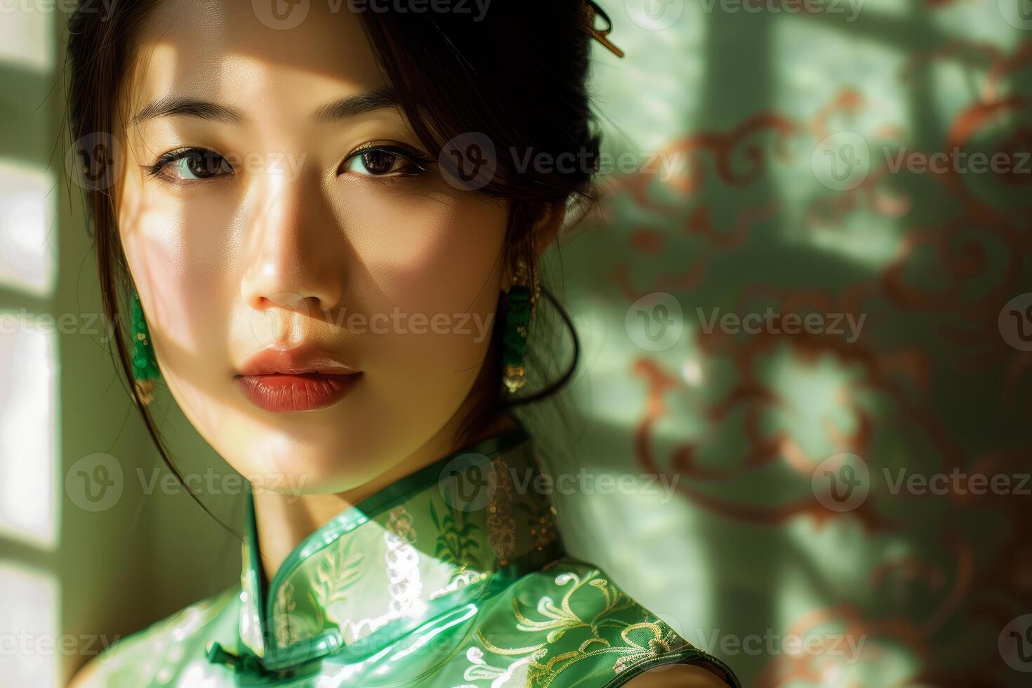 Elegant woman in traditional attire amidst soft light photo
