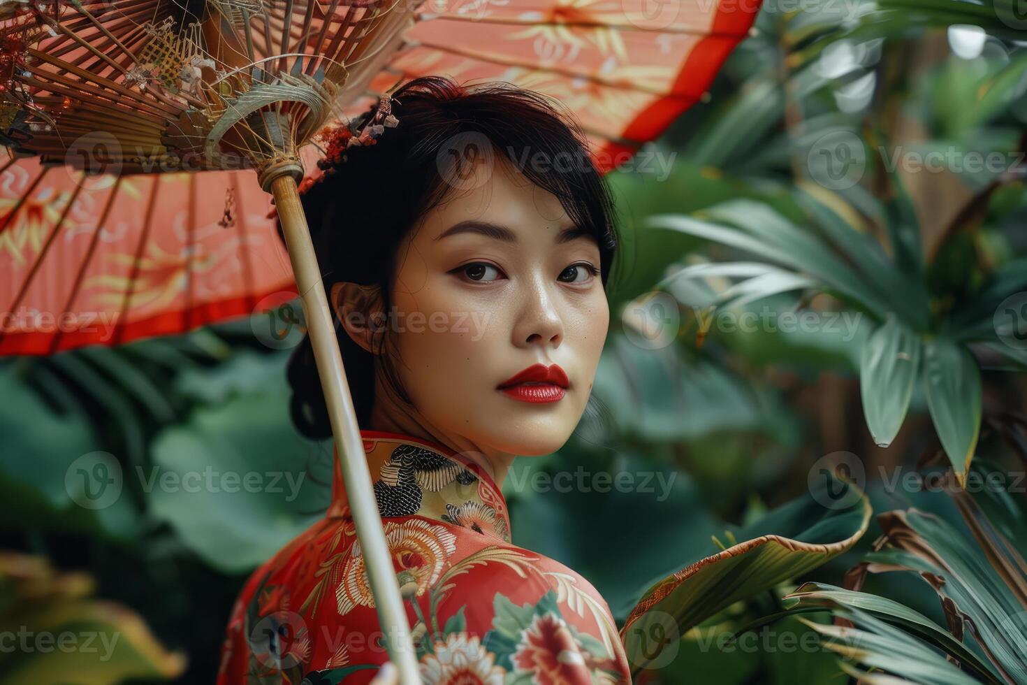 Elegant woman in traditional asian attire with umbrella photo