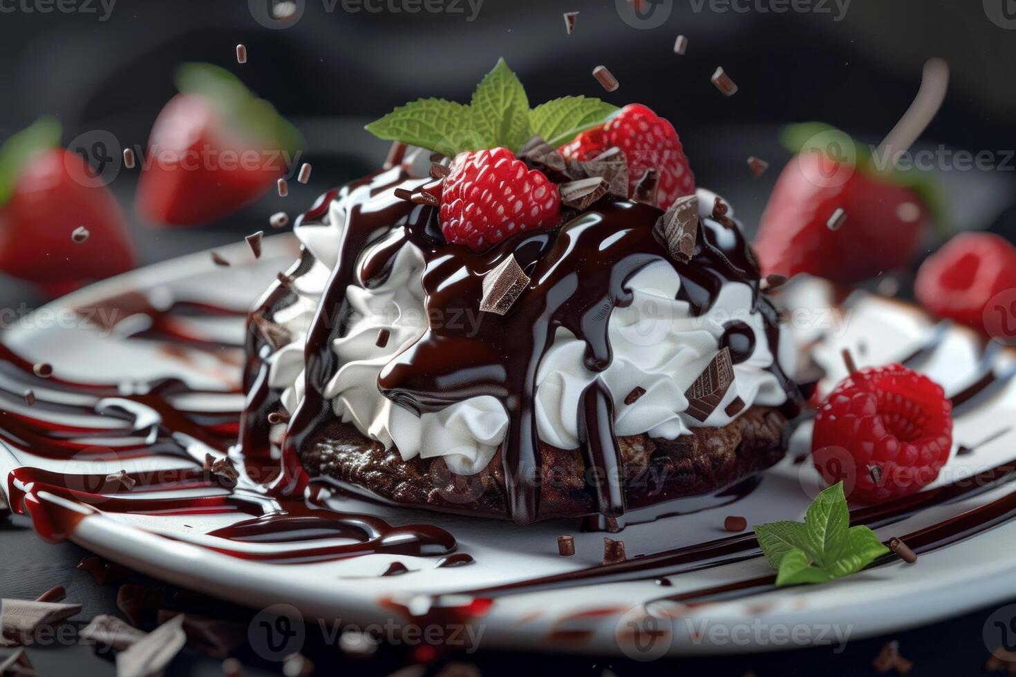 Decadent chocolate brownie with fresh berries and whipped cream photo