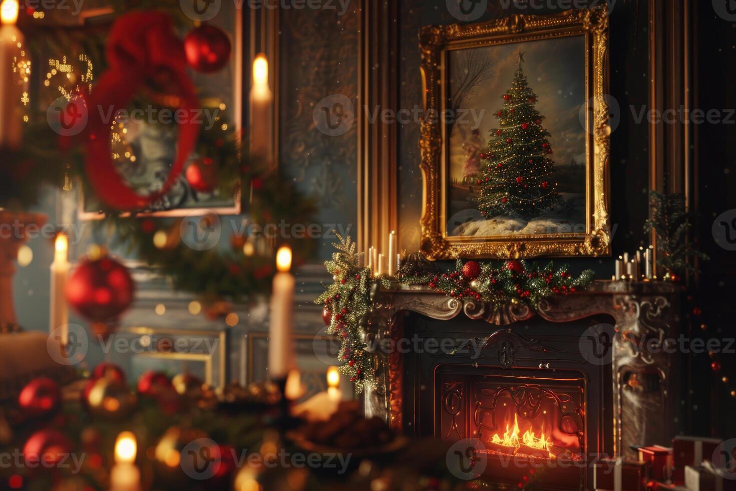 Cozy traditional christmas setting with a decorated fireplace and a festive atmosphere photo