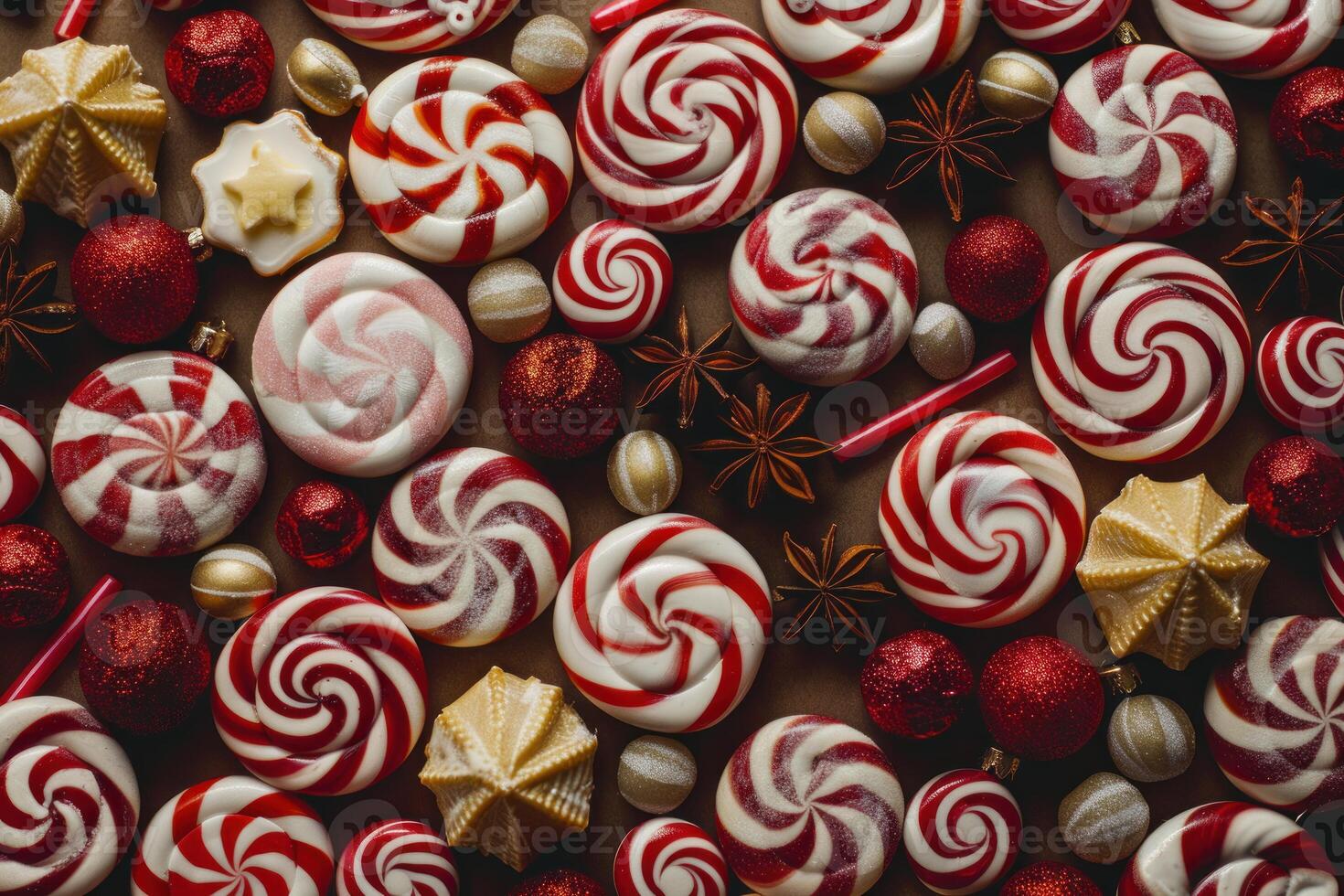 Festive candy canes and ornaments background photo