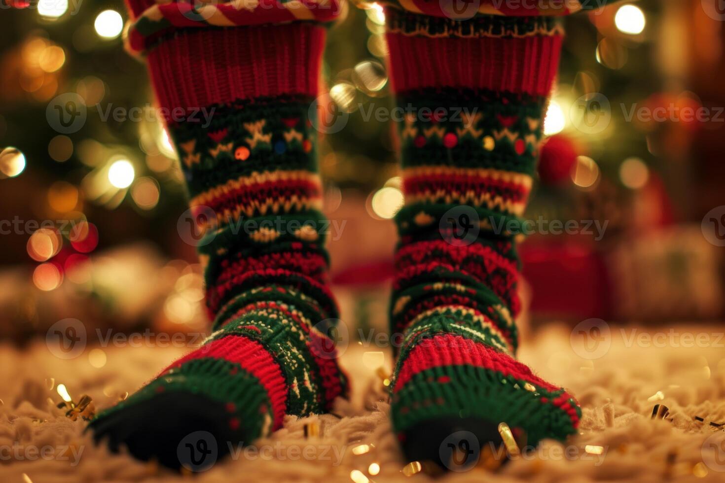 Cozy christmas socks by festive tree lights photo