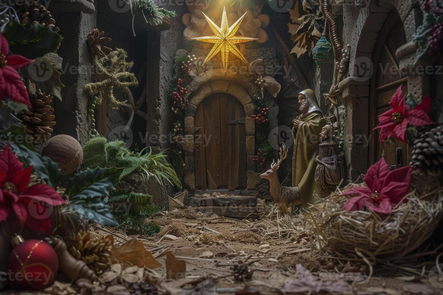 Rustic nativity scene with star illumination photo