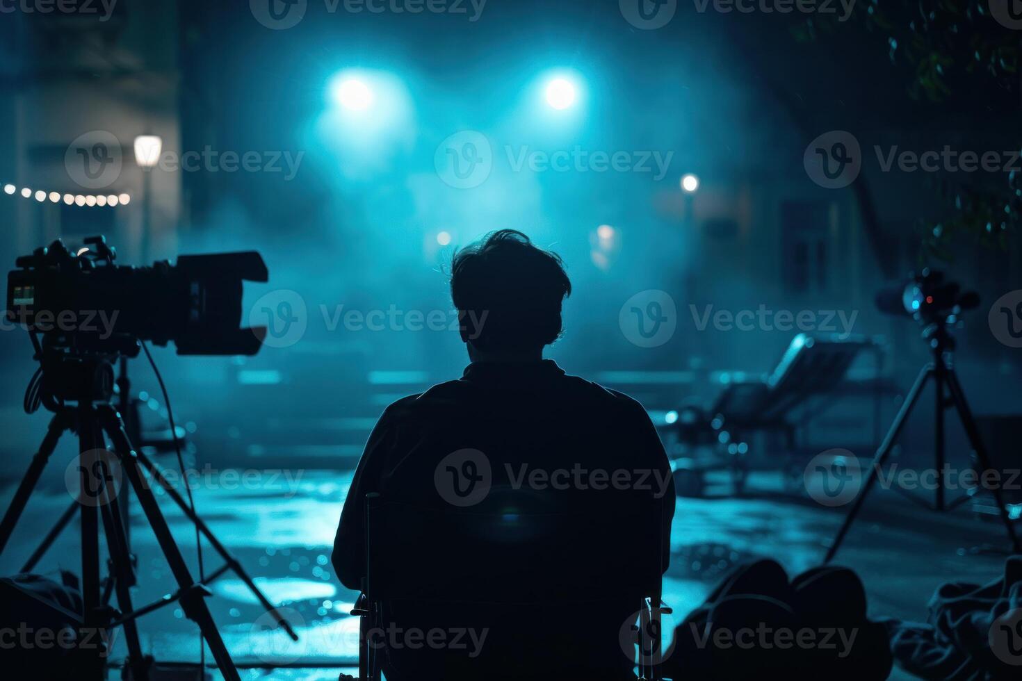 Director overseeing nighttime film set photo
