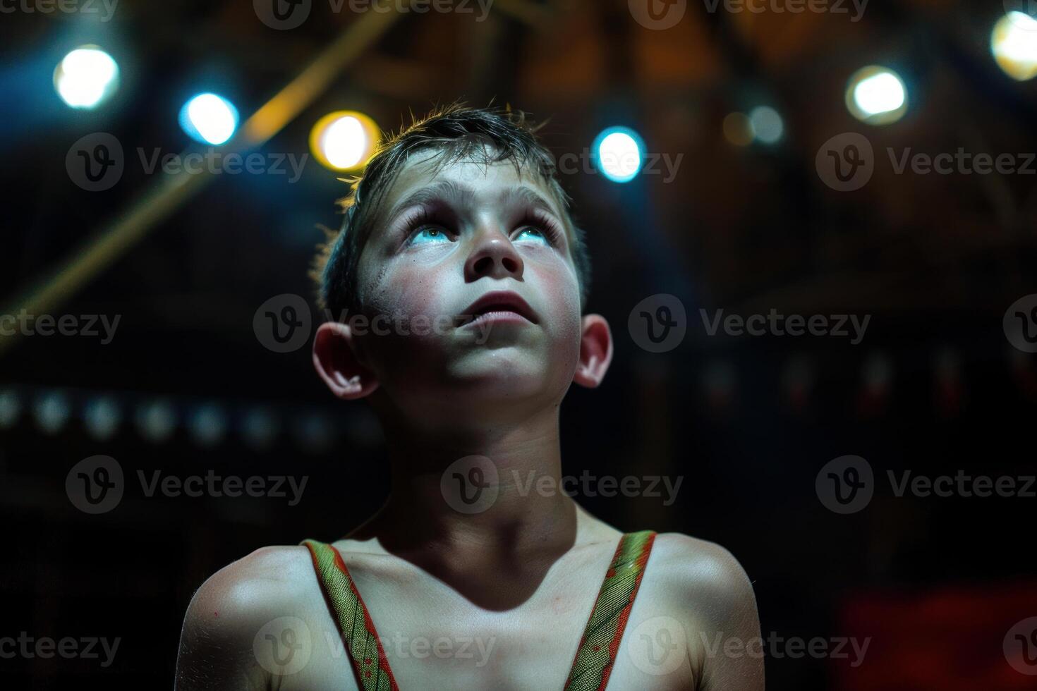 Young boy gazing up in awe under spotlights photo