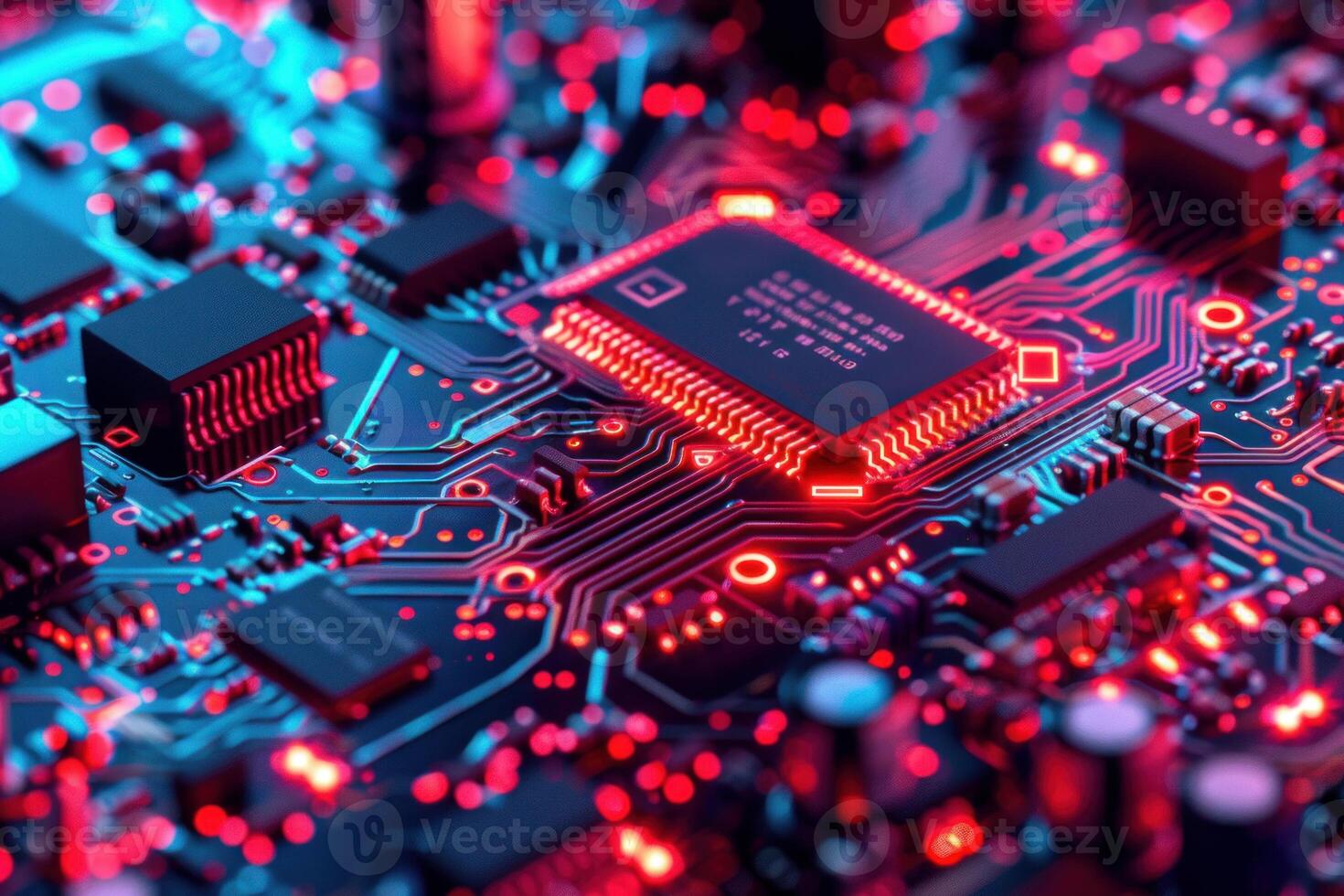 Futuristic microchip on circuit board with glowing lights photo