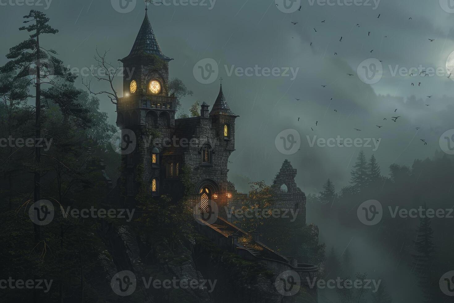 Mysterious gothic castle in moonlit night photo