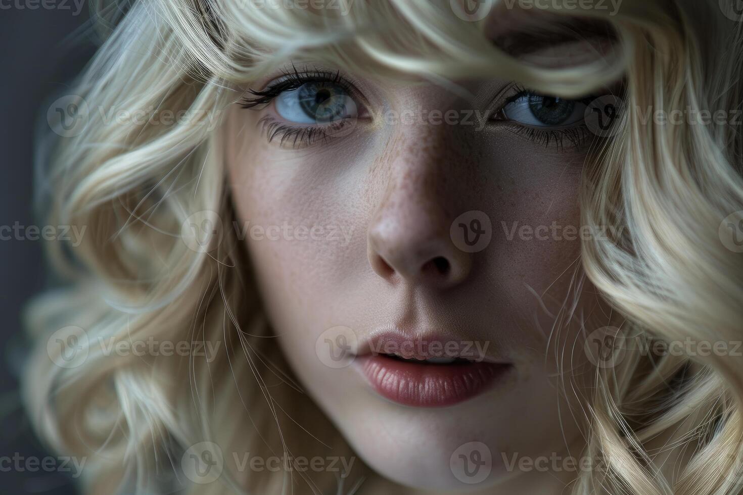 Intense gaze of a young woman with blonde curls photo