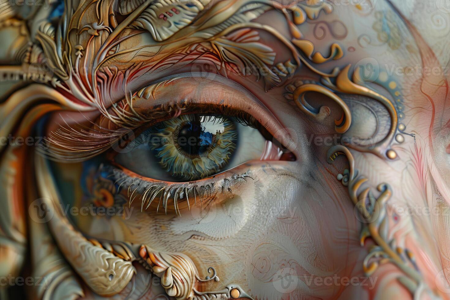 Closeup of a human eye with intricate, surreal art details blending organically photo