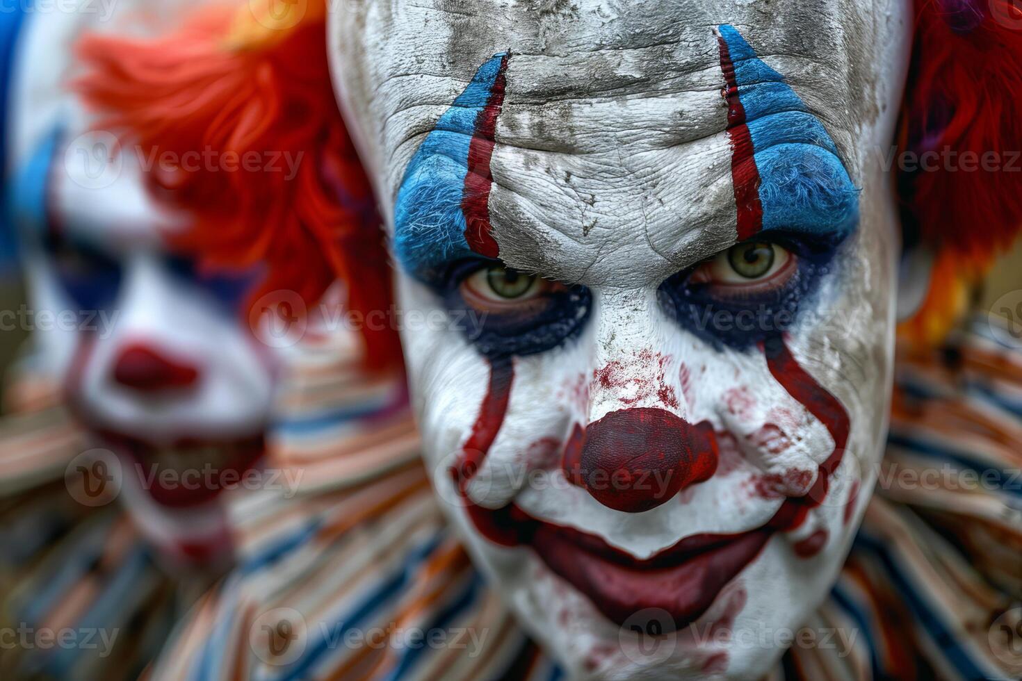 Intense closeup shot of two spooky clowns with dramatic makeup photo