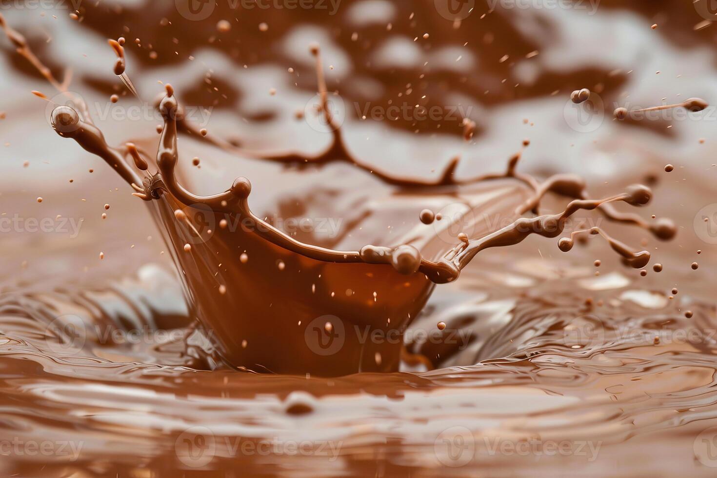 Closeup of a dynamic chocolate splash with droplets, on a smooth backdrop photo