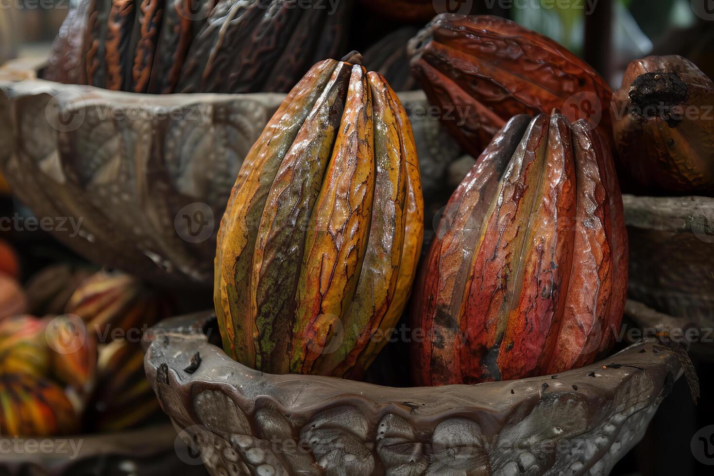 Artisanal chocolate cocoa pods display photo