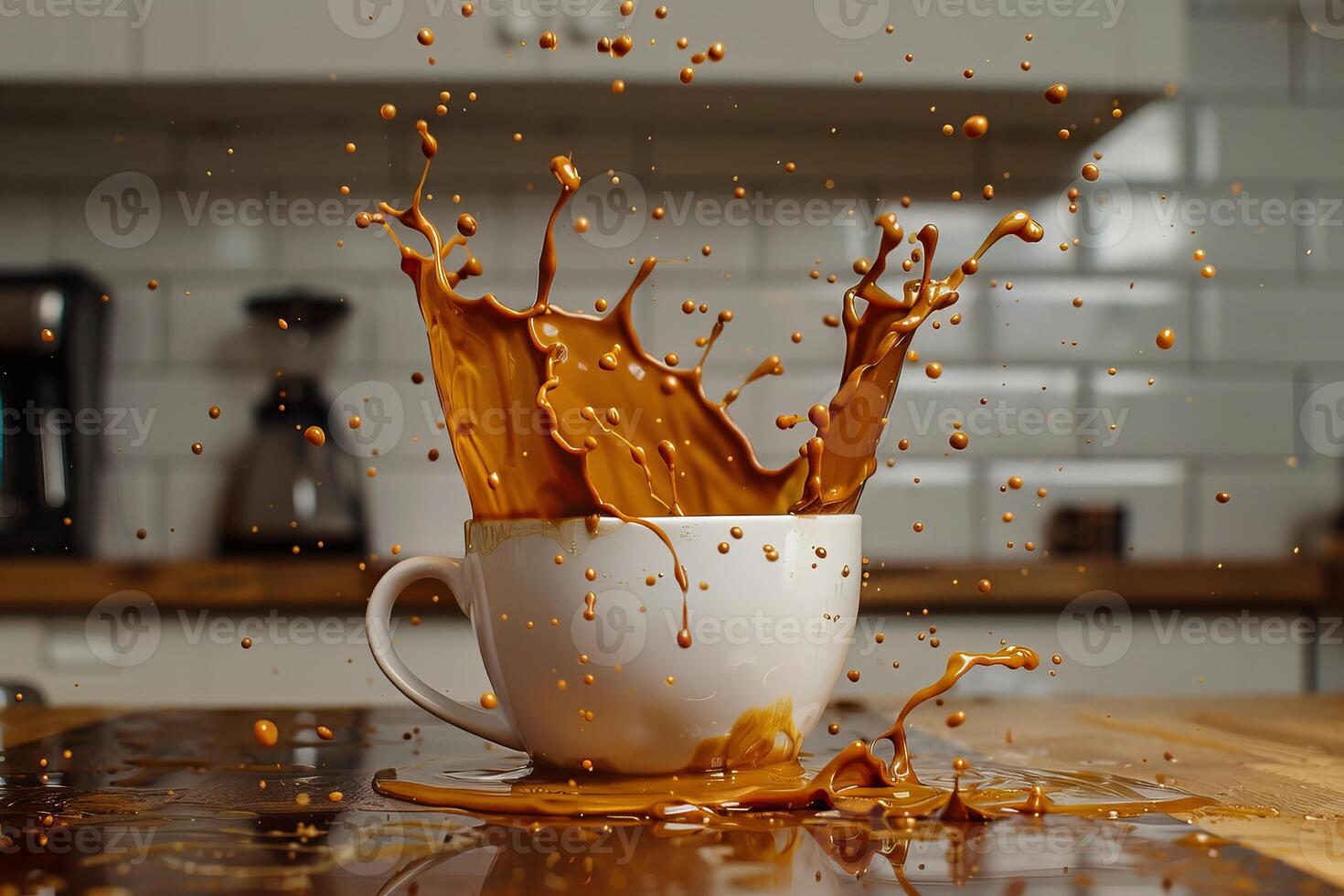 Dynamic coffee splash in white cup photo