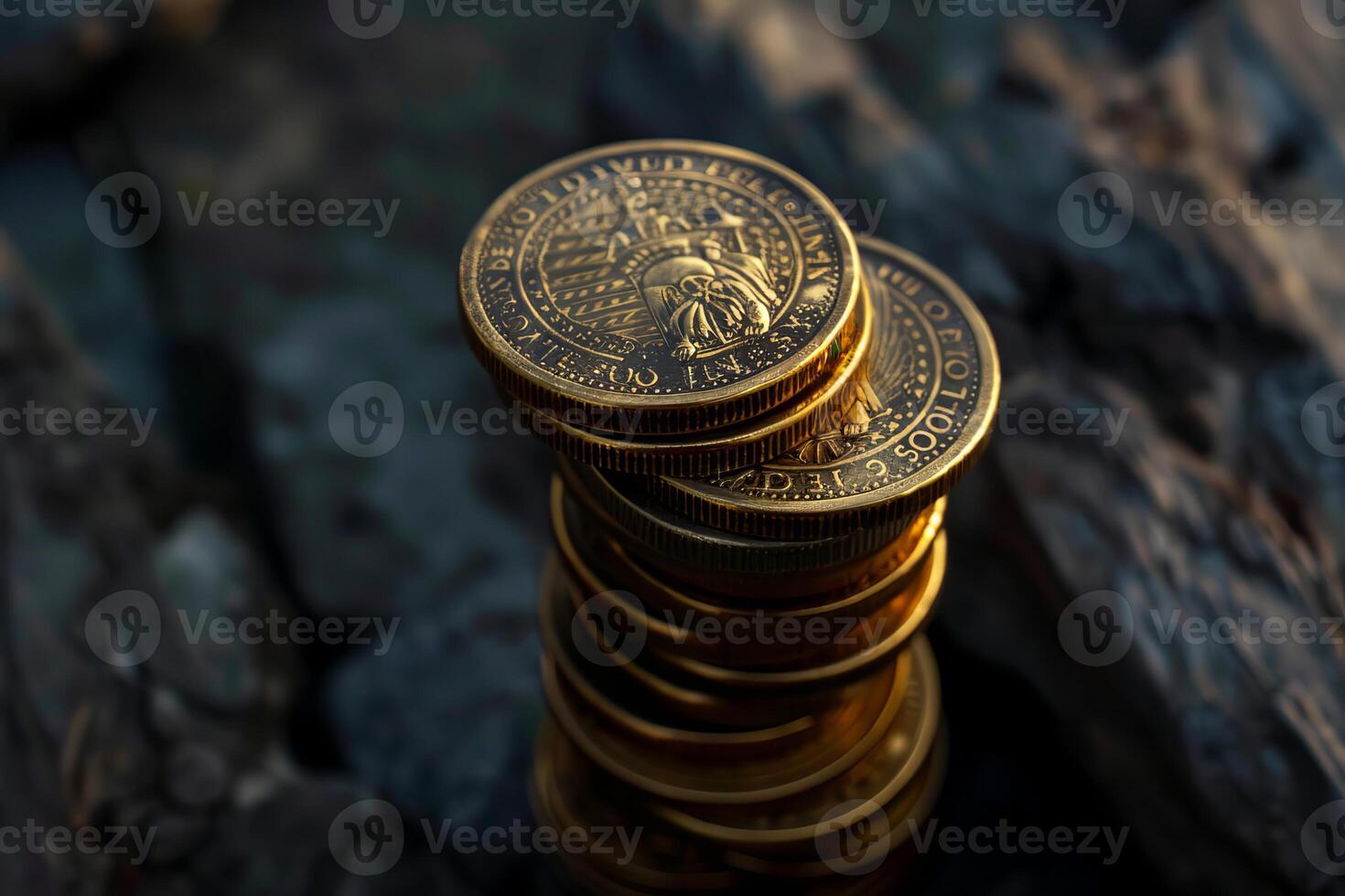 Golden coins stack on rough surface photo