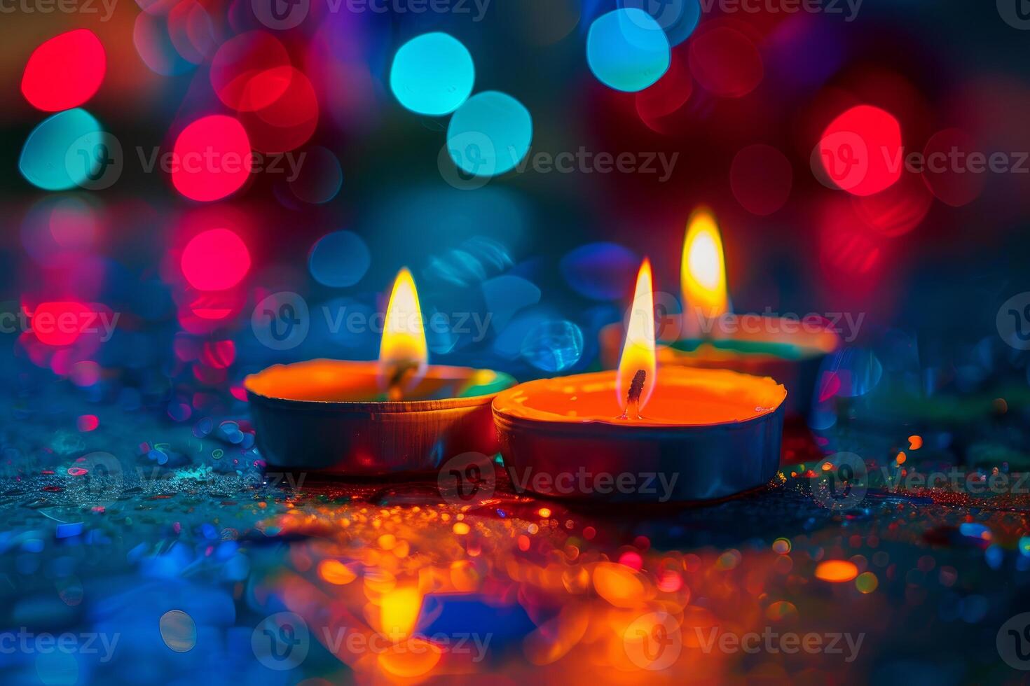 Vibrant candles with bokeh lights photo