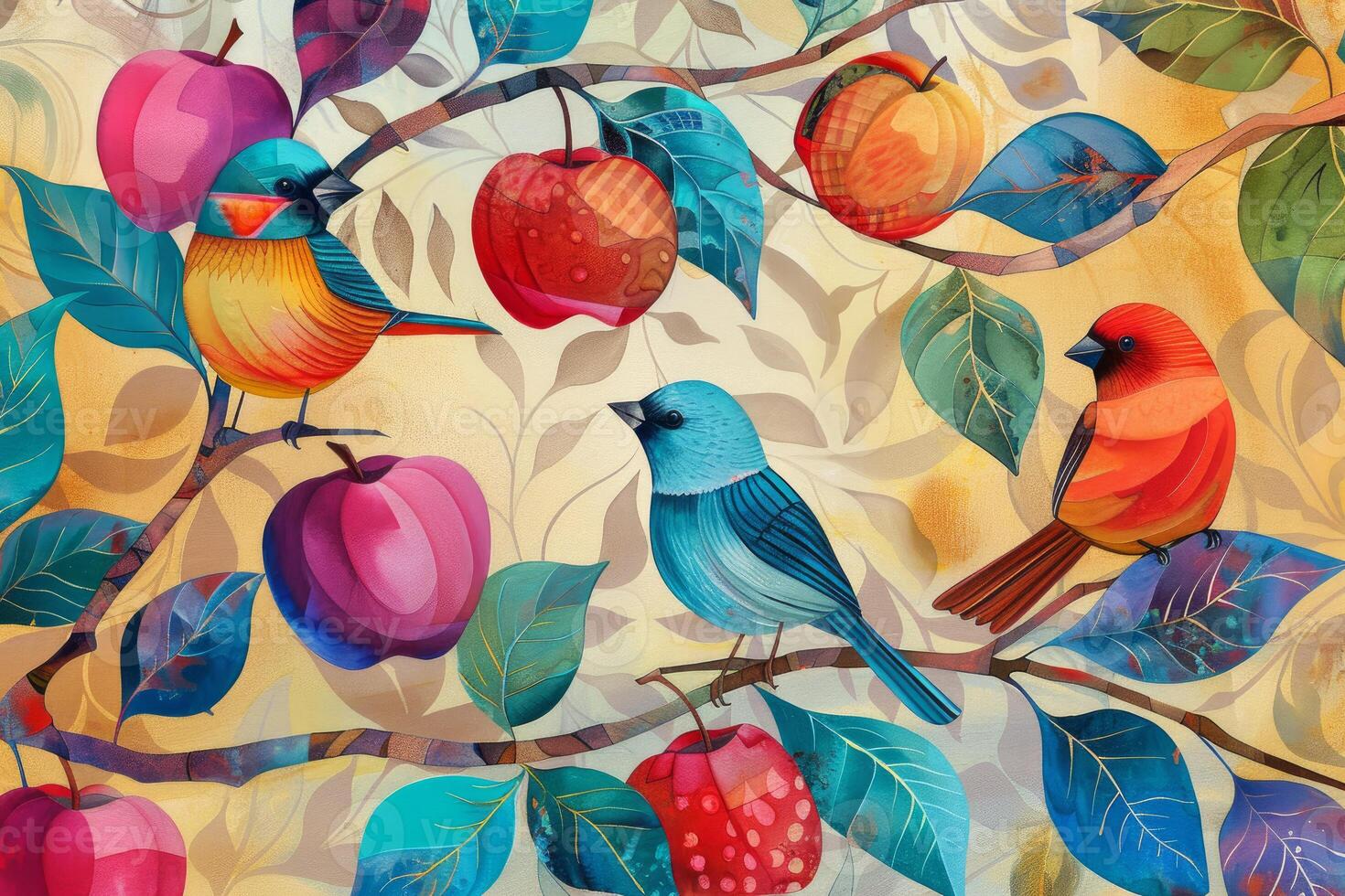 Vibrant birds and fruit tree illustration photo