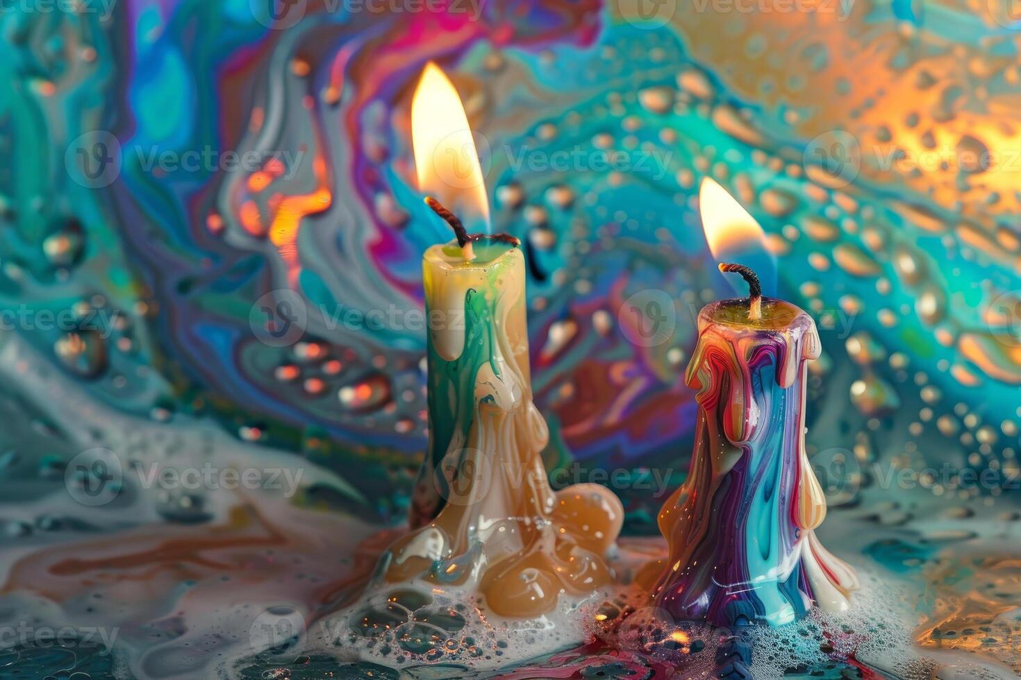 Colorful melted wax candles on abstract background photo