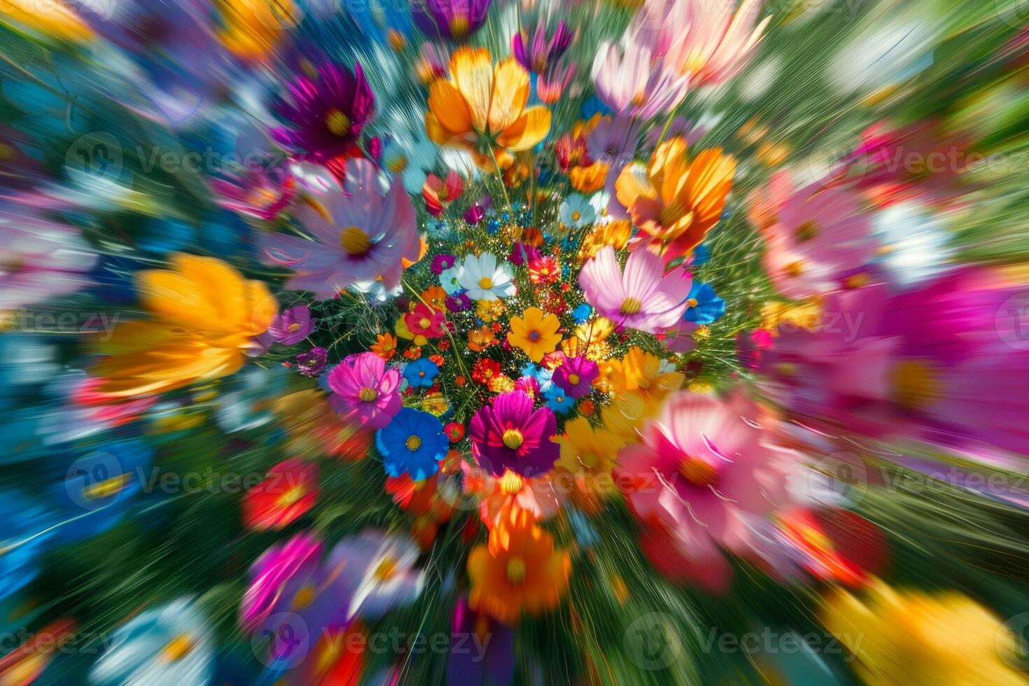 Abstract image of diverse flowers in a dynamic radial blur effect photo