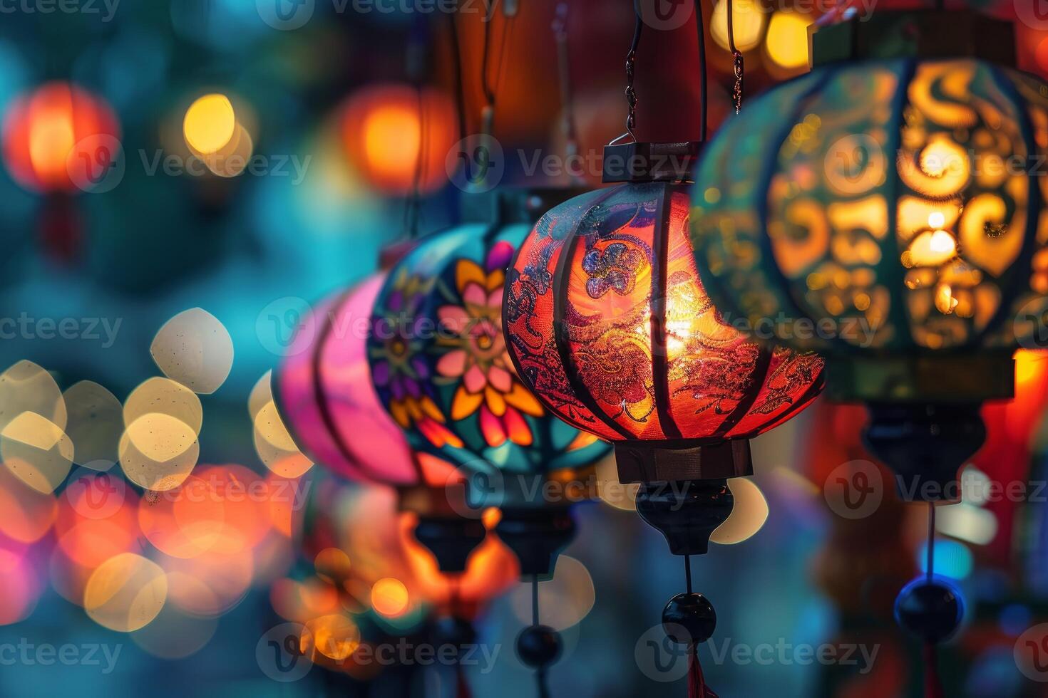 Traditional lanterns aglow with warm lights against a blurry twilight backdrop photo