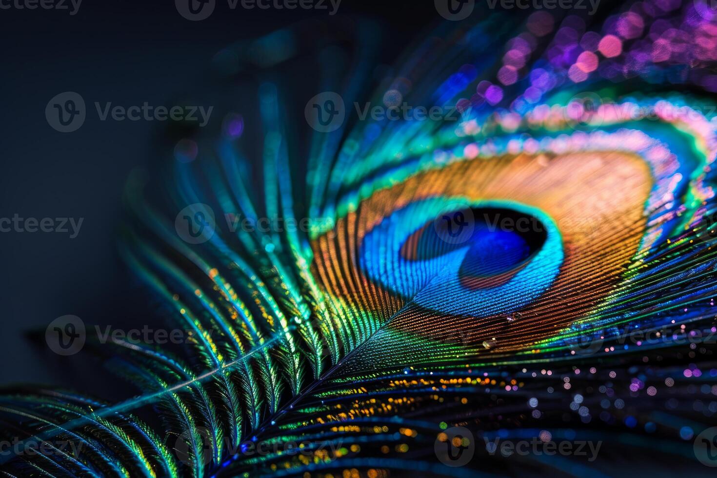 Detailed macro shot of a peacock feather, showing its iridescent colors and patterns photo
