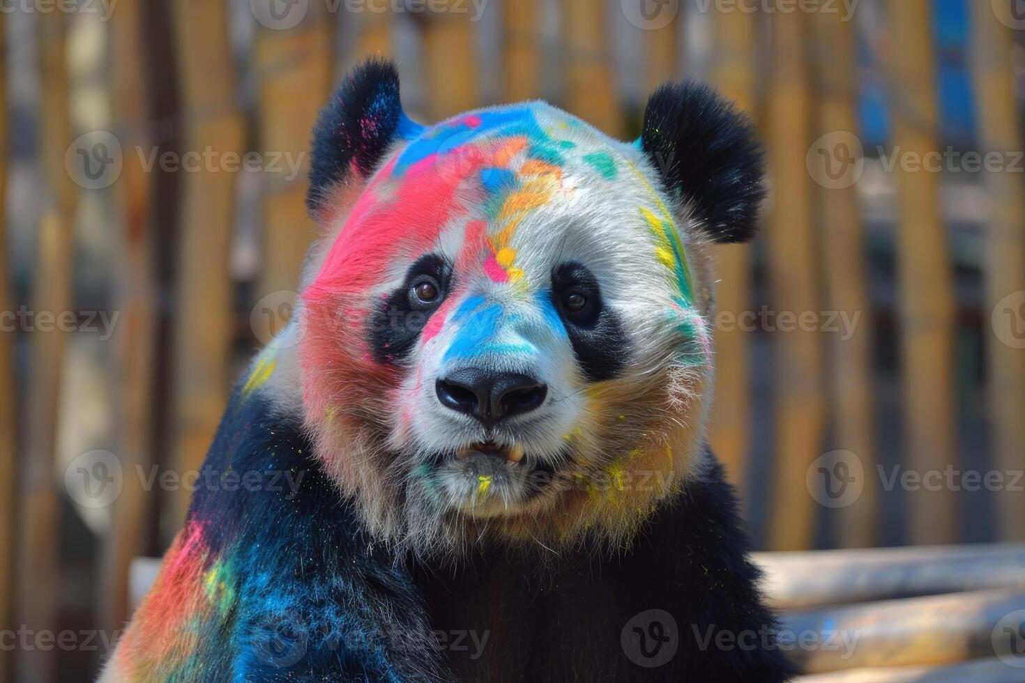 Captivating portrait of a panda bear with splashes of vibrant paints photo