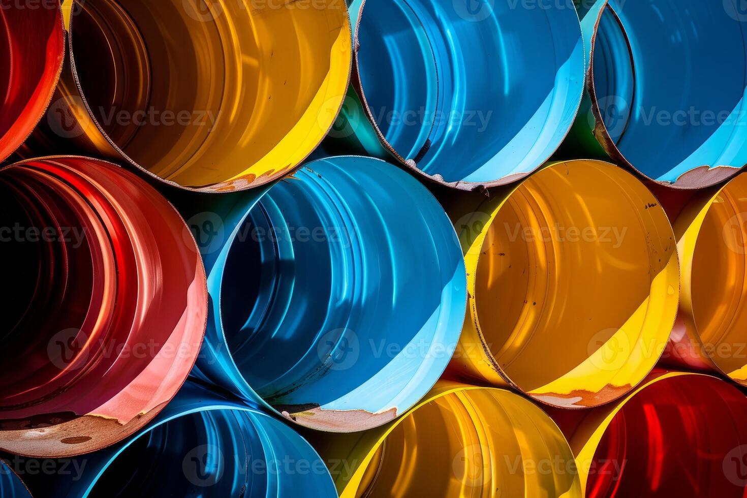 Vibrant stacked metal barrels for industrial use, showcasing colorful patterns photo