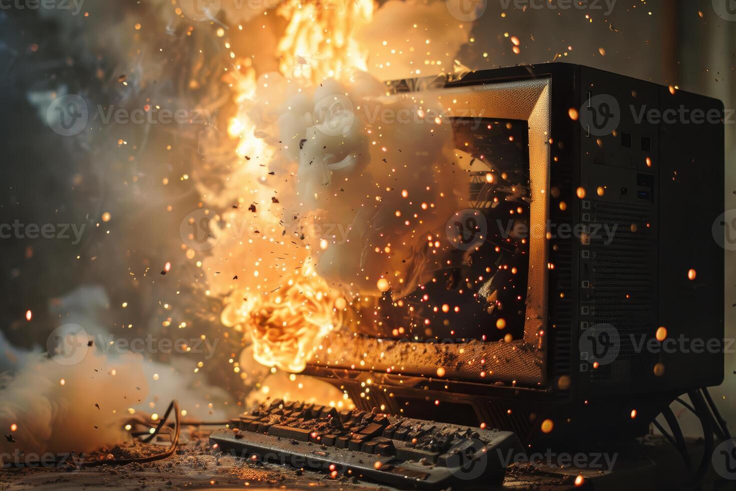 Dramatic image of a desktop computer burst into flames, depicting technology failure photo