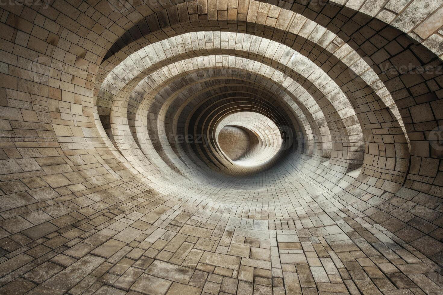 Perspective view of a swirling brick tunnel structure with a hypnotic pattern photo