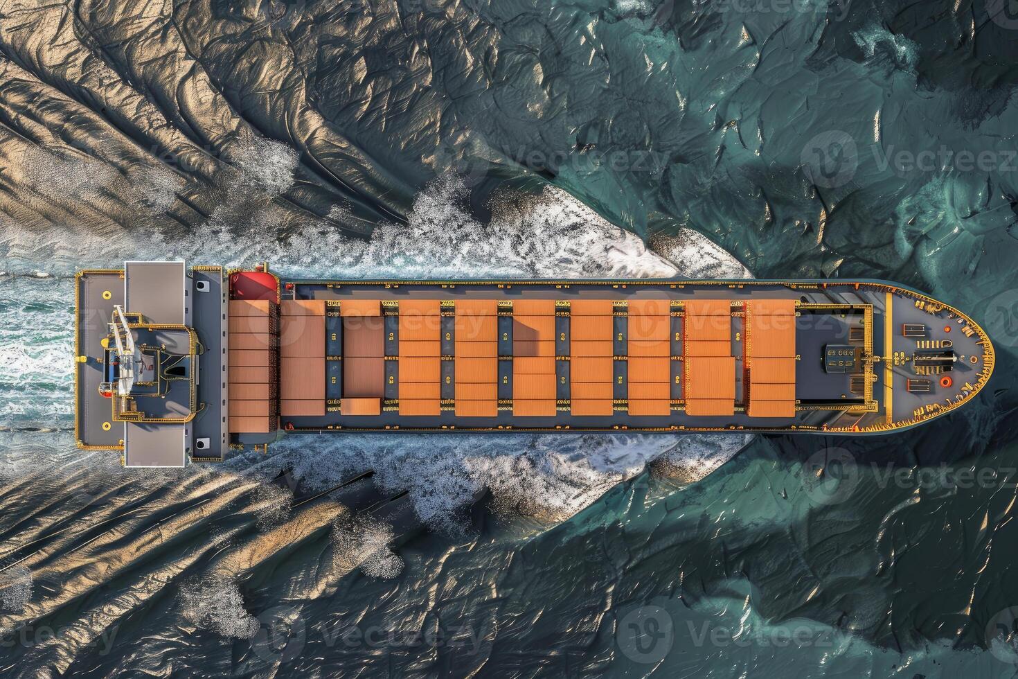 Aerial view of cargo ship navigating through sea channels photo