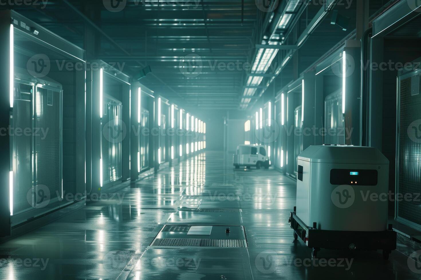 Futuristic automated warehouse hallway with robots photo