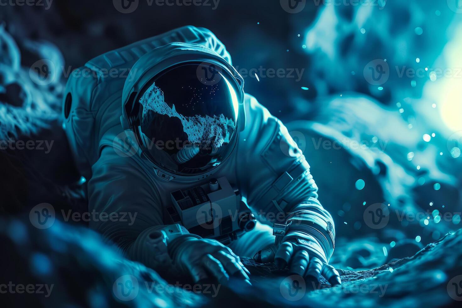 Astronaut exploring alien terrain at night photo