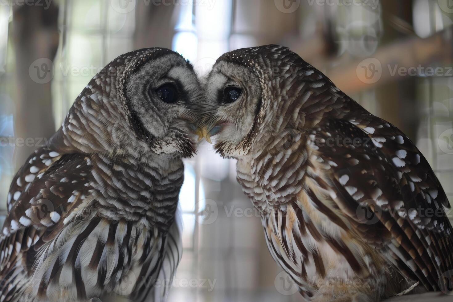 Two barred owls touching beaks in a tender moment, resembling a kiss photo