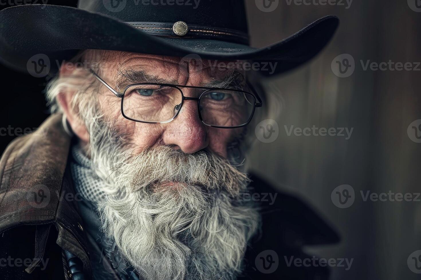 Closeup of an elderly cowboy with a stern expression, wearing a hat and glasses photo