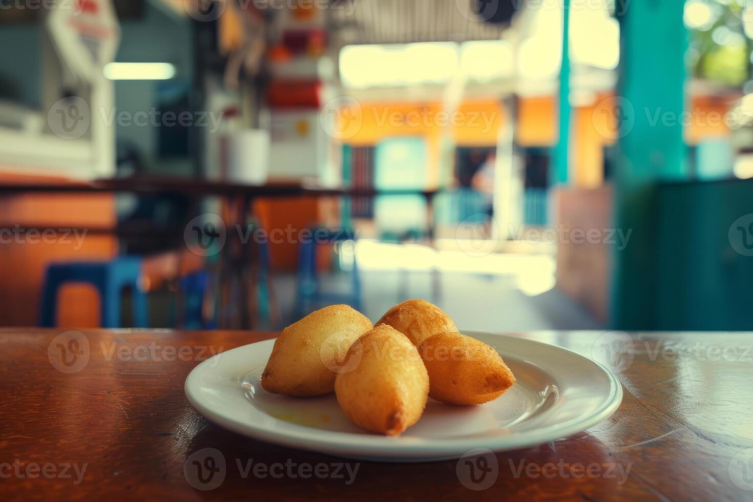Fried coxinhas on rustic bar table photo
