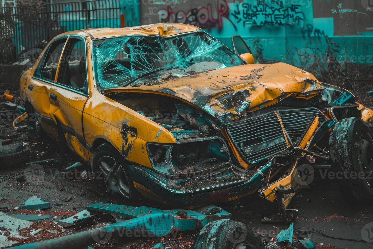 Wrecked yellow taxi with graffiti background photo