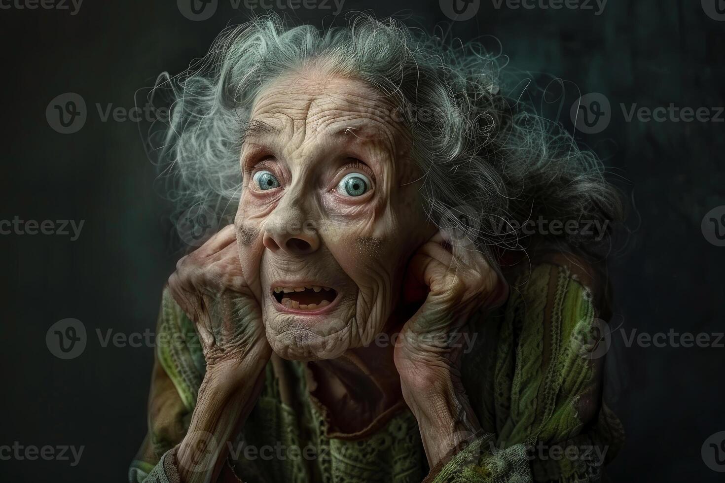 Expressive elderly woman with surprised look photo