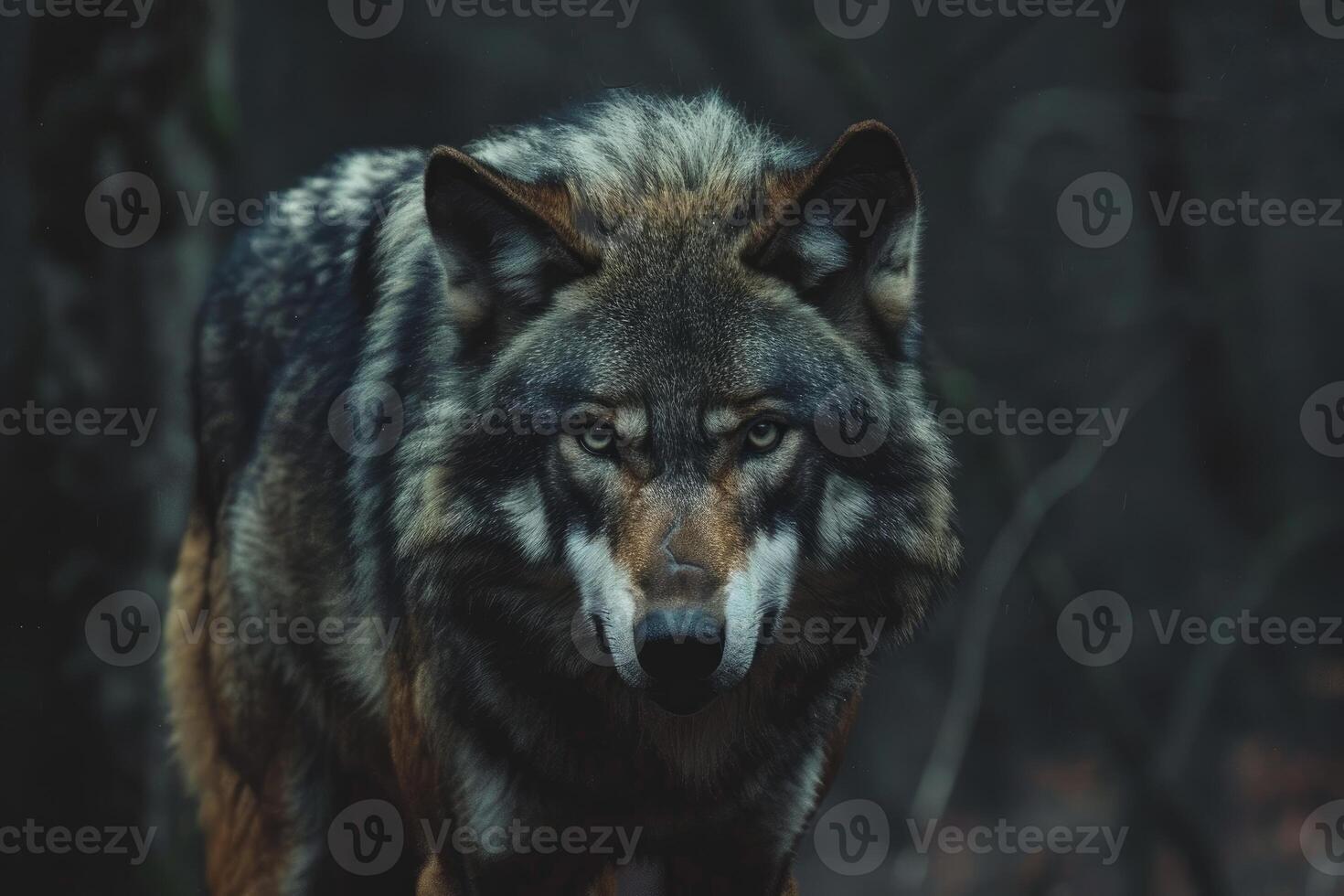 Intense stare of a wild wolf in forest shadows photo