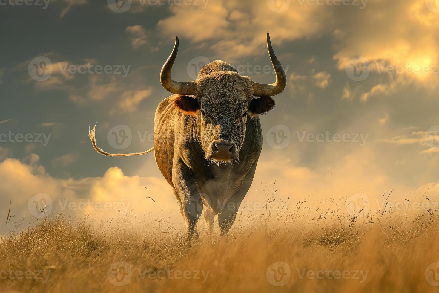 Majestic bull in golden field at sunset photo