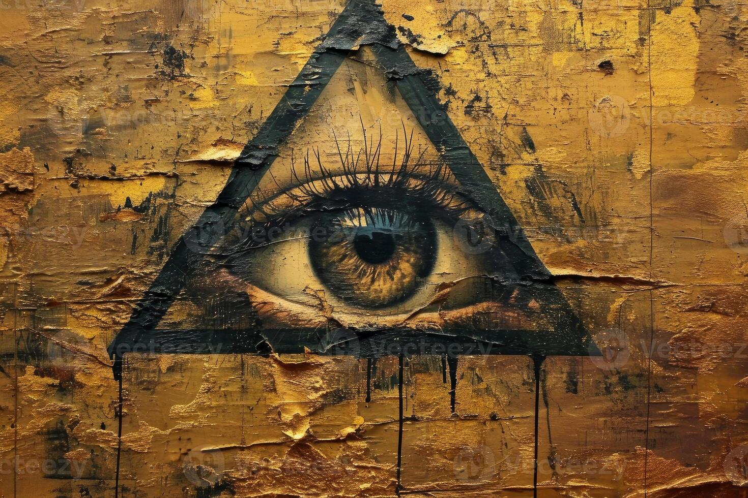 Mysterious eye within triangle on golden texture photo