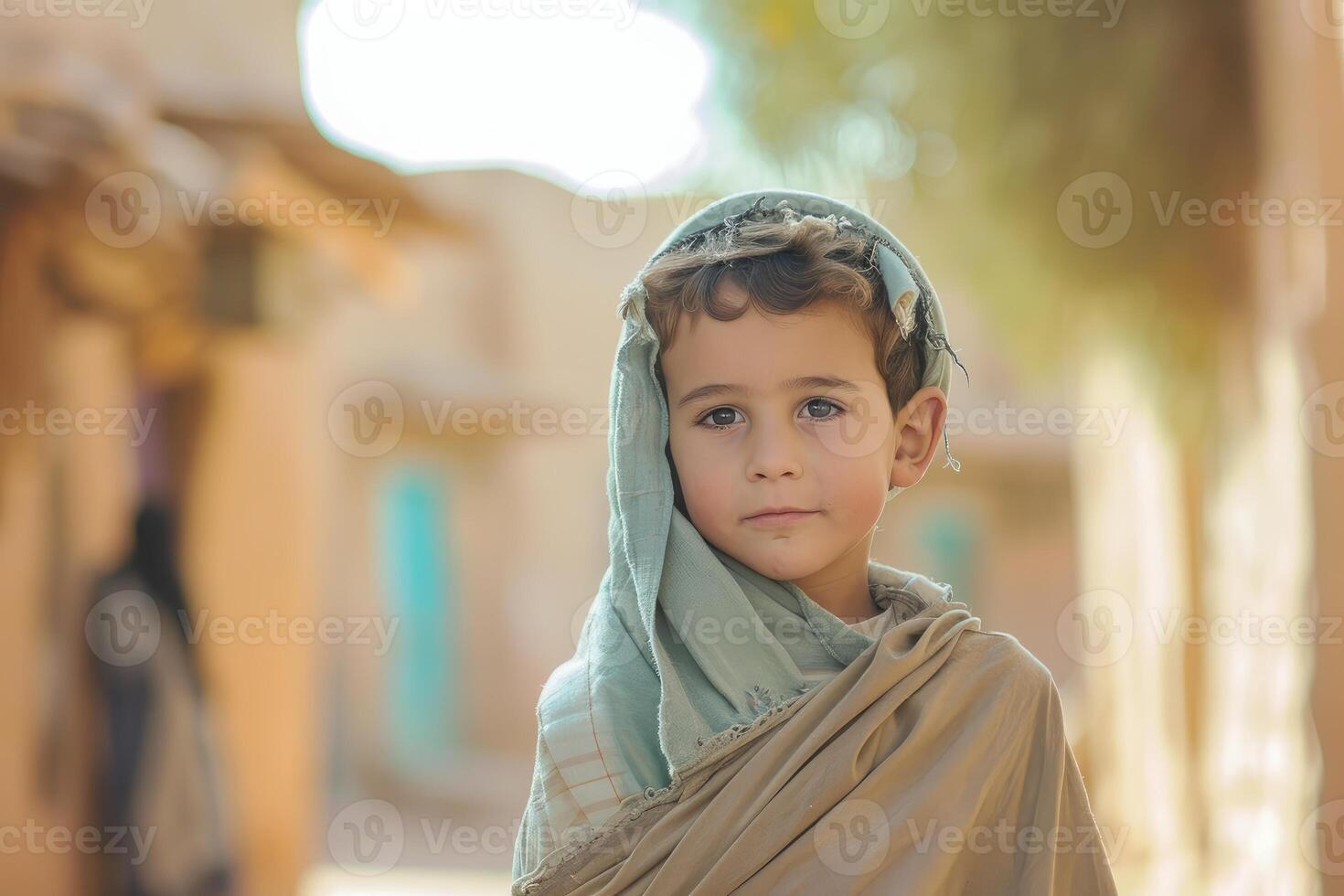 Young boy in traditional scarf with serene gaze photo