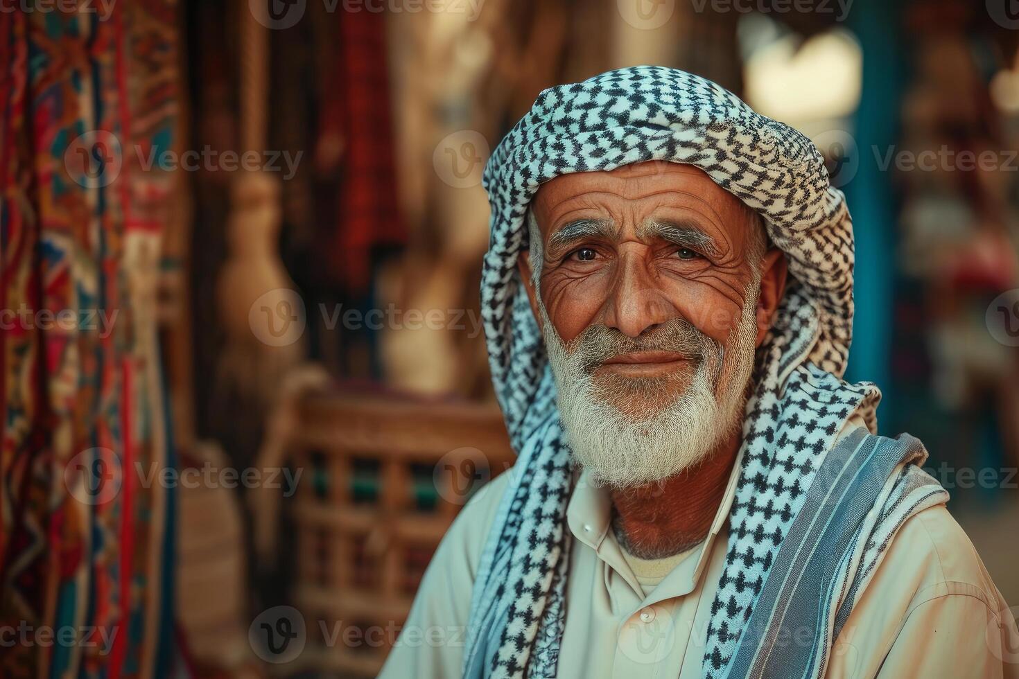 Elderly man in traditional arab attire smiling photo