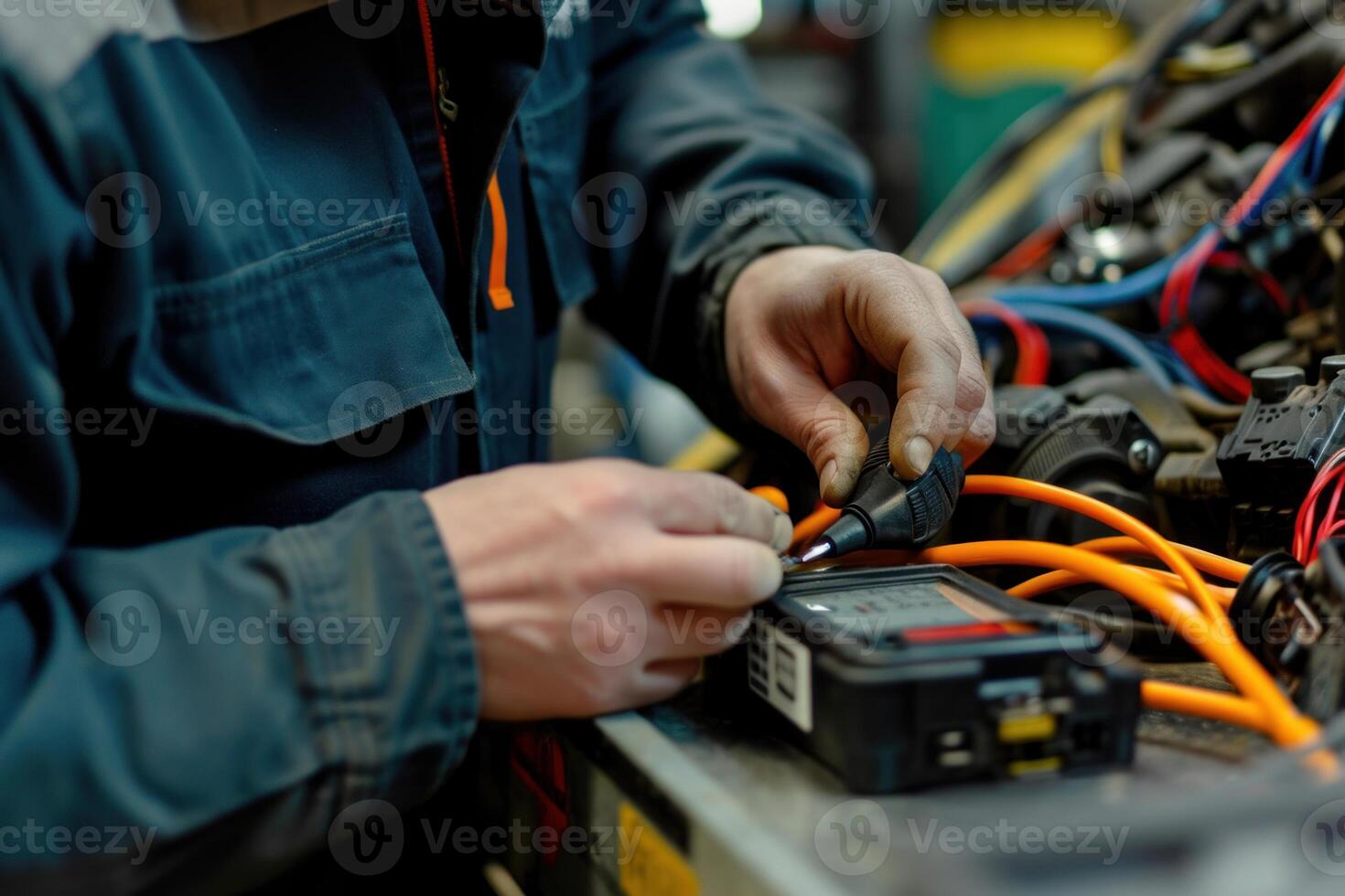 Close-up of a technician's hands using a multimeter on a vehicle's electrical system photo