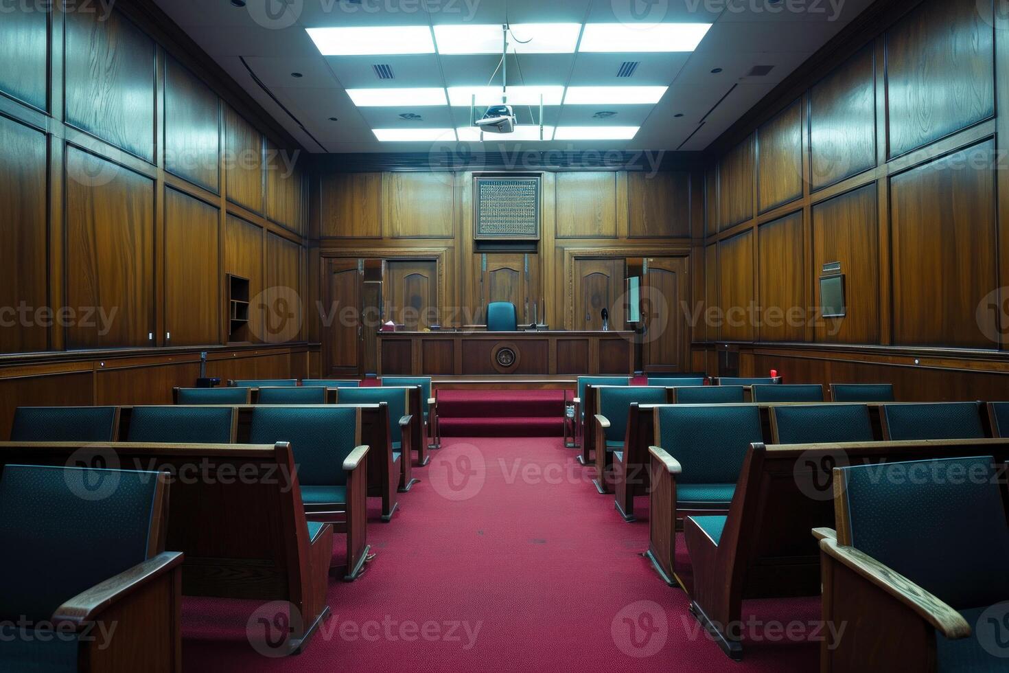 Empty courtroom interior with judicial bench photo