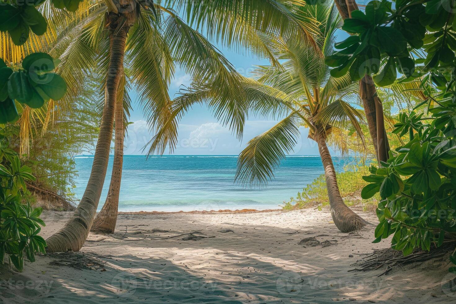 Tranquil Beach with palm trees. Generate Ai photo