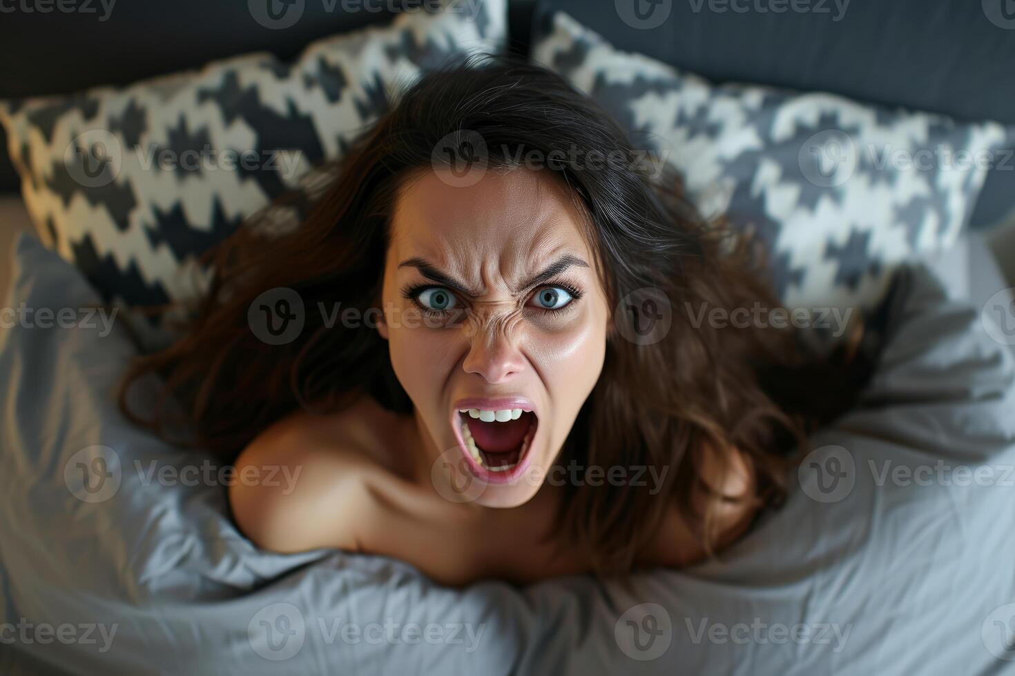 Passionate Beautiful woman screaming in bed. Generate Ai photo