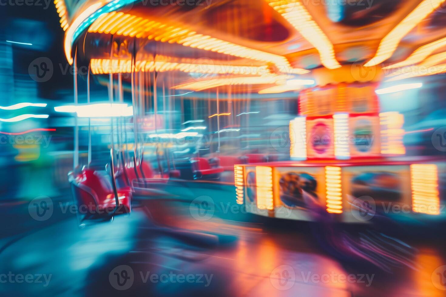 Colorful carousel in motion at night photo